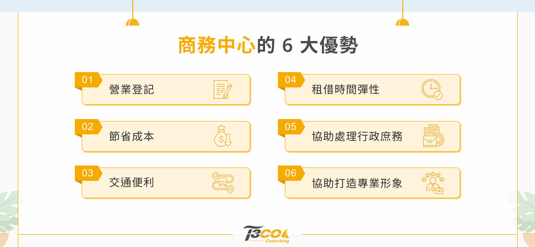 商務中心 6 大優勢 ☑️ 營業登記☑️ 節省成本☑️ 交通便利☑️ 租借時間彈性☑️ 協助處理行政庶務☑️協助打造專業形象